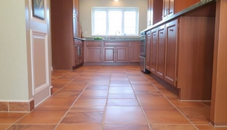 Elegant kitchen floor with warm-toned tiles.